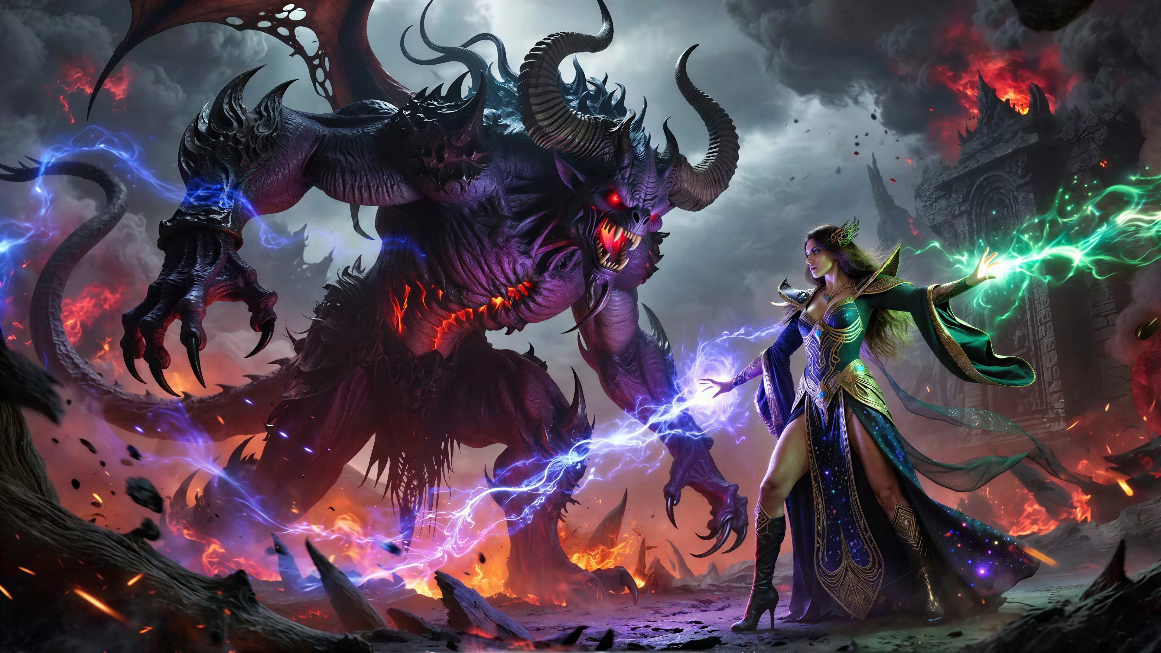 Fantasy Action Scene with Sorceress and Demon
