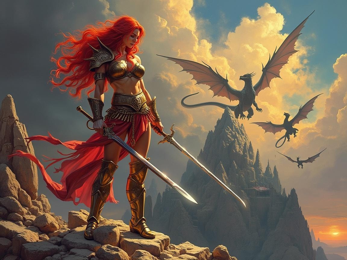 Fierce Warrior Woman on Rocky Ledge with Swords