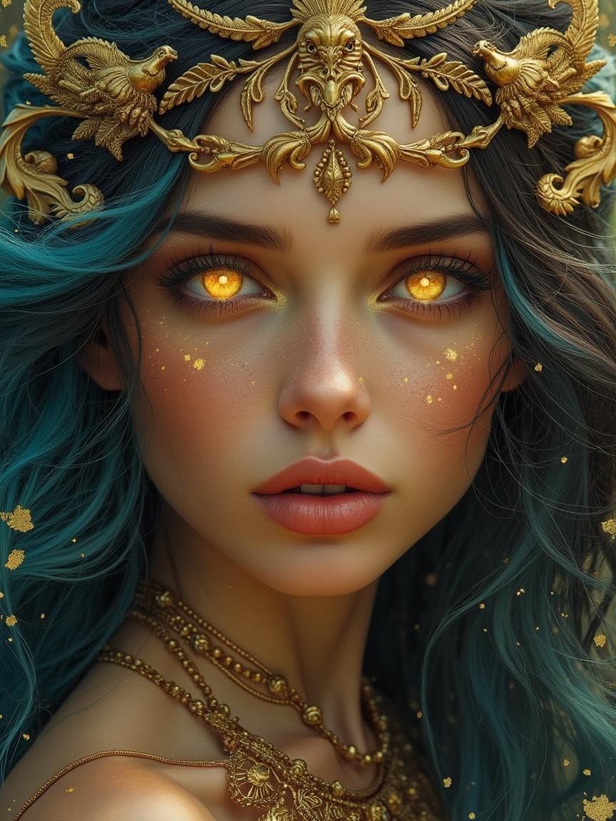 Portrait of a Young Woman with Blue Hair and Golden Eyes