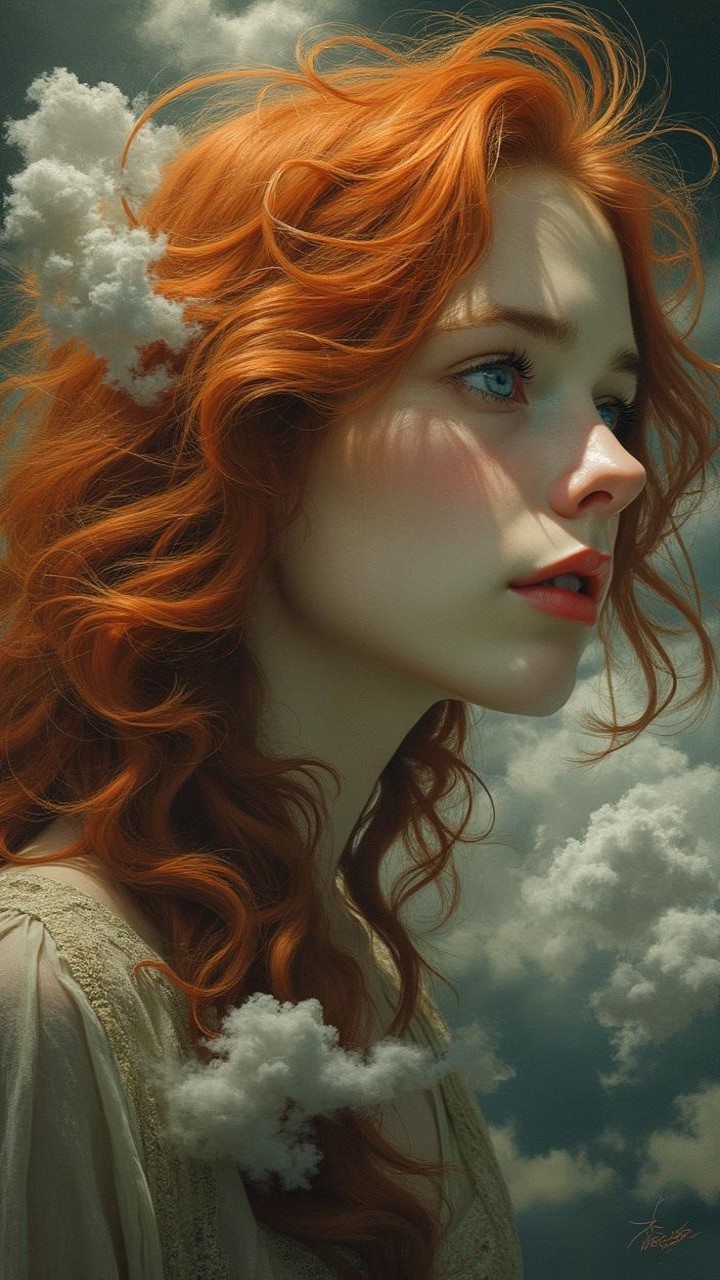 Young woman with red hair against a moody sky