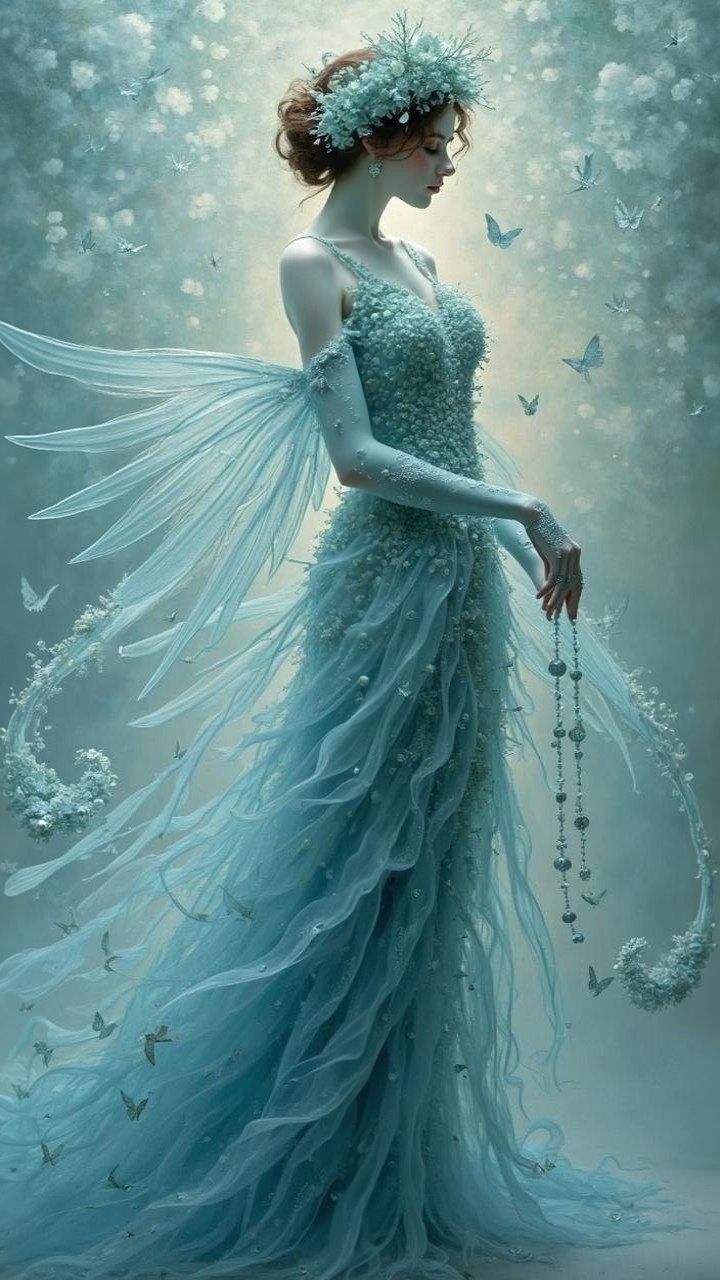 Ethereal figure in gown with butterfly wings and beads