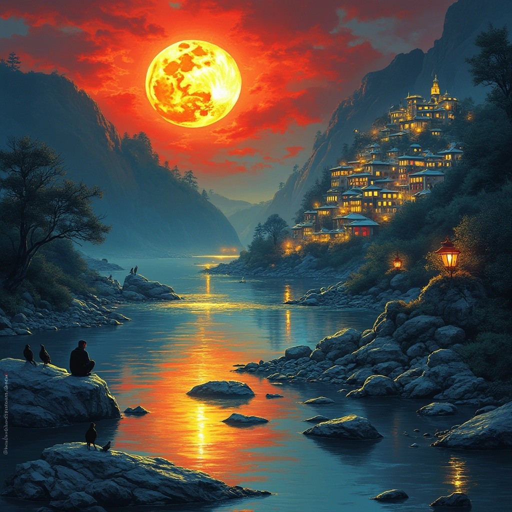 Serene Dusk Riverside Scene with Illuminated Moon