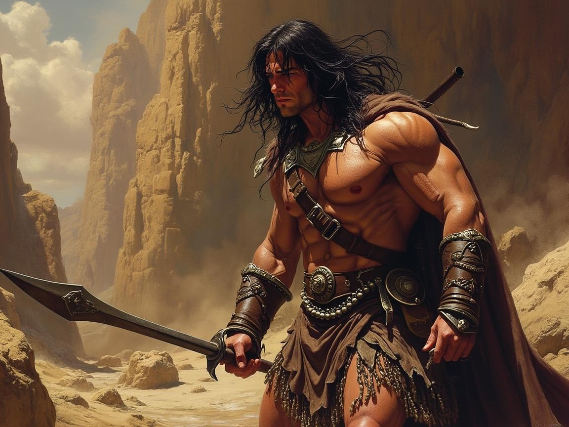 Muscular Warrior in Sunlit Canyon with Gleaming Sword