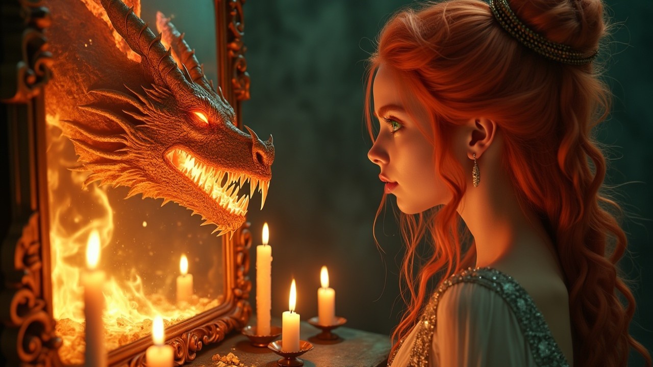 Young Woman and Dragon in a Mystical Reflection