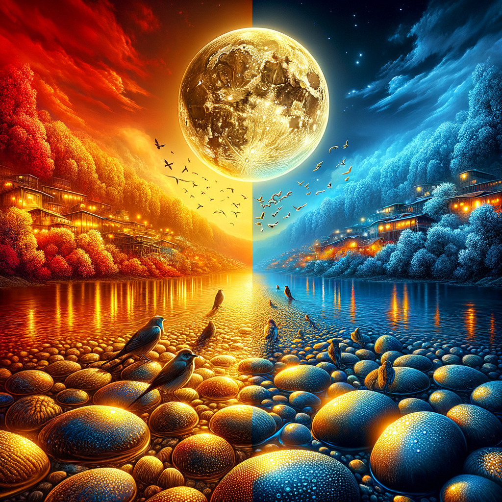 Contrasting Landscape of Sunset and Moonlit Night