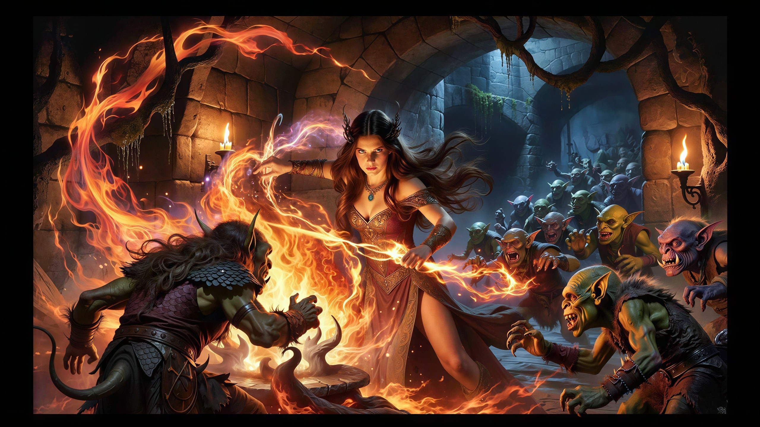 Female Sorceress Conjuring Fire in Fantasy Dungeon