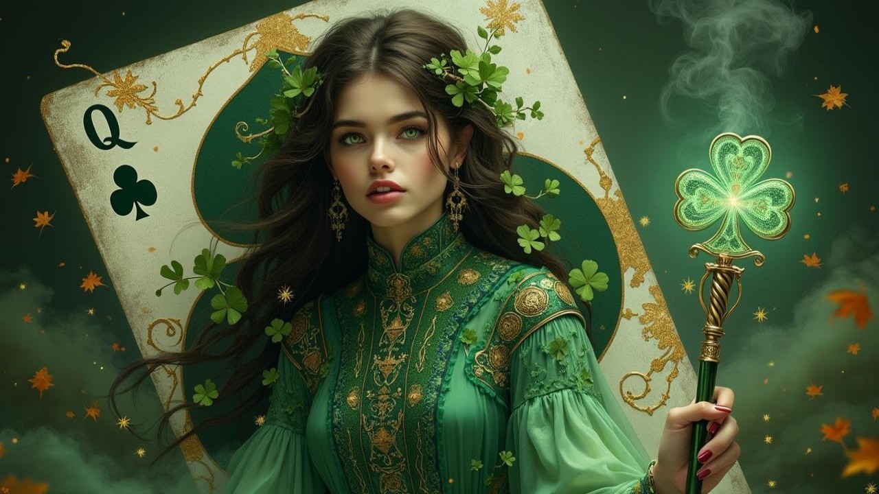 Mystical Woman in Green Gown with Glowing Staff