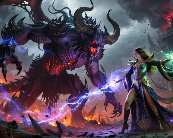 Fantasy Action Scene with Sorceress and Demon