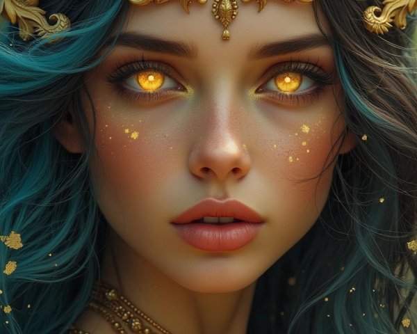 Portrait of a Young Woman with Blue Hair and Golden Eyes