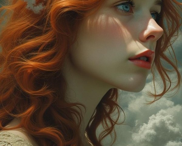 Young woman with red hair against a moody sky