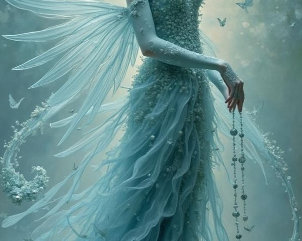 Ethereal figure in gown with butterfly wings and beads