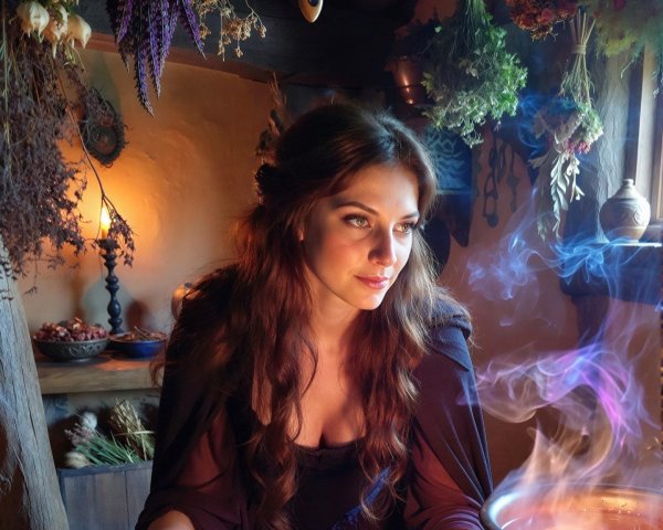 Witch Reading Spellbook in Cozy Cottage Setting