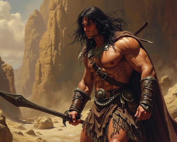 Muscular Warrior in Sunlit Canyon with Gleaming Sword
