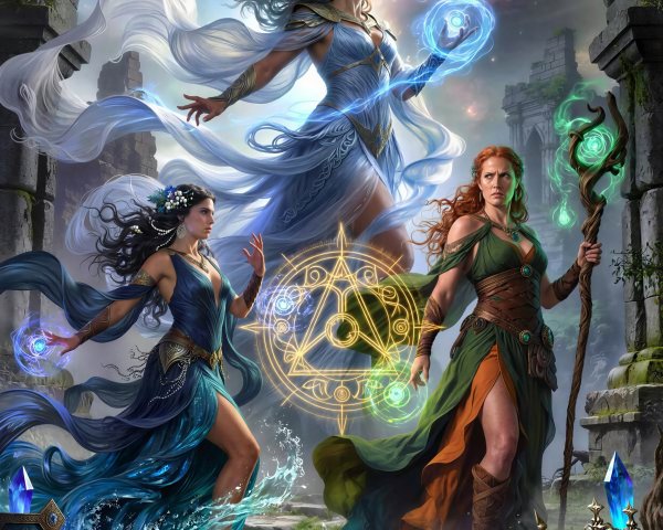 Three Sorceresses in Ancient Overgrown Ruins