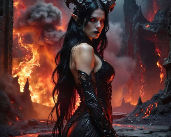 Sinister Succubus in Apocalyptic Landscape with Lava