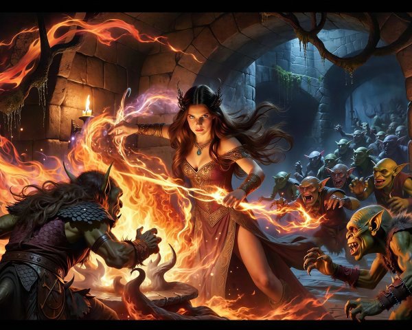 Female Sorceress Conjuring Fire in Fantasy Dungeon