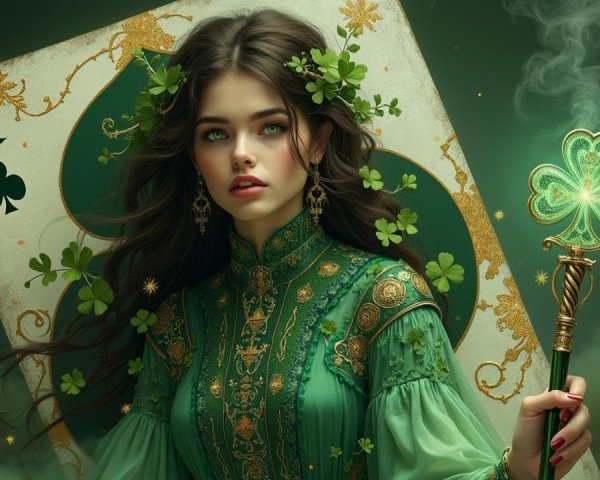 Mystical Woman in Green Gown with Glowing Staff