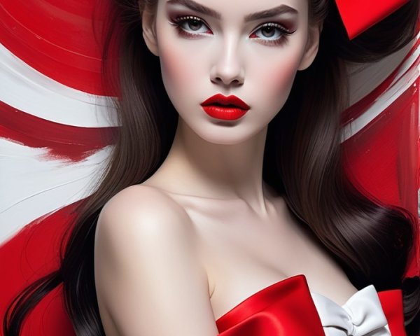 Model in Off-Shoulder Dress with Red Bow and Patterns