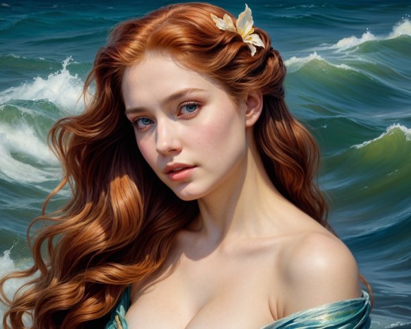 Young Woman with Red Hair by Ocean Waves