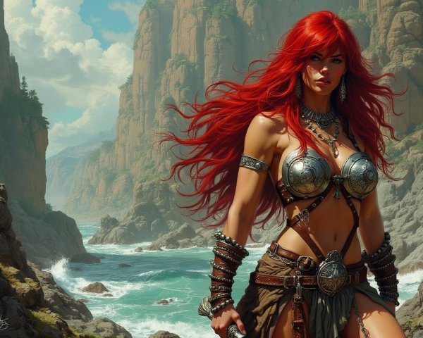 Fierce warrior with red hair at rugged coastline