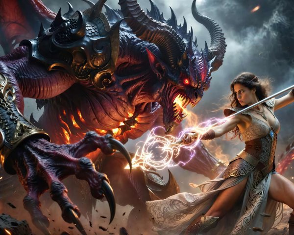 Fantasy Scene of Woman Defending Against a Dragon