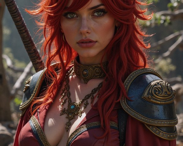 Fierce warrior in burgundy attire with natural elements