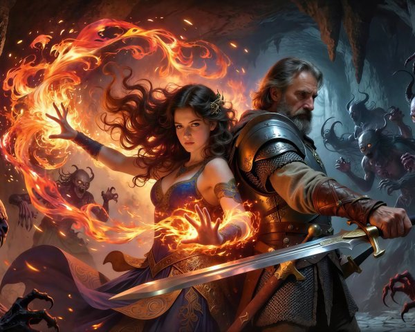 Knight and Sorceress Battle Demons in Cavern Scene