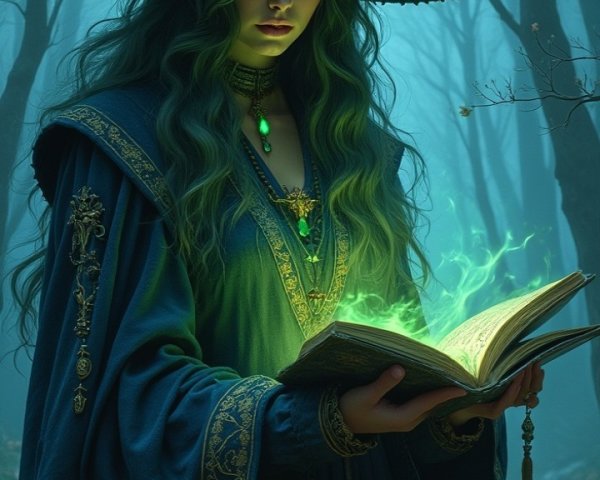 Mystical Sorceress in Foggy Forest with Ancient Book
