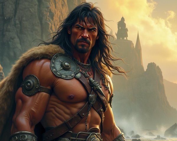 Muscular Warrior Against Sunset with Ancient Tower