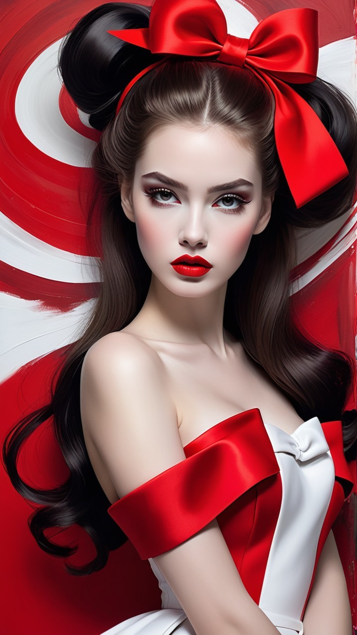 Model in Off-Shoulder Dress with Red Bow and Patterns