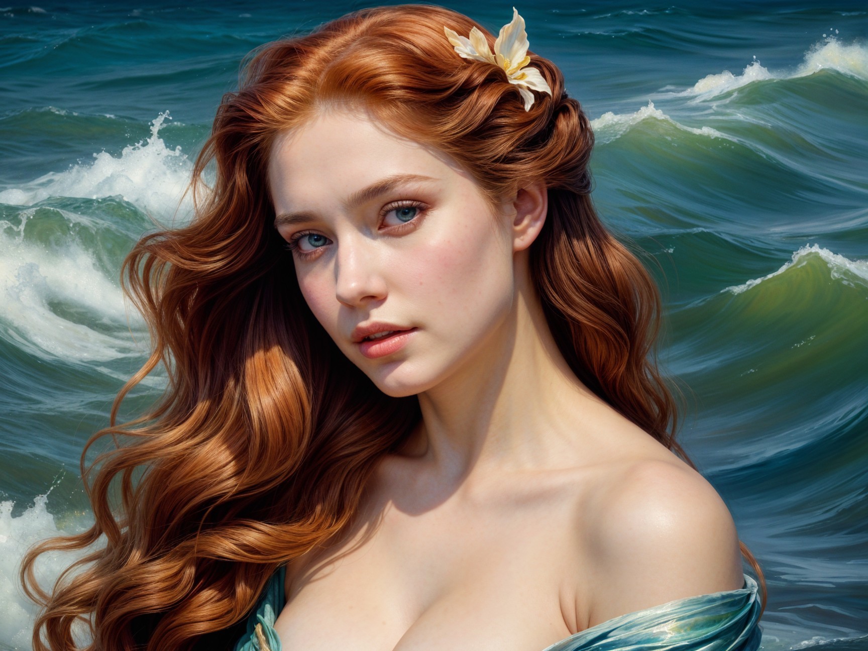 Young Woman with Red Hair by Ocean Waves