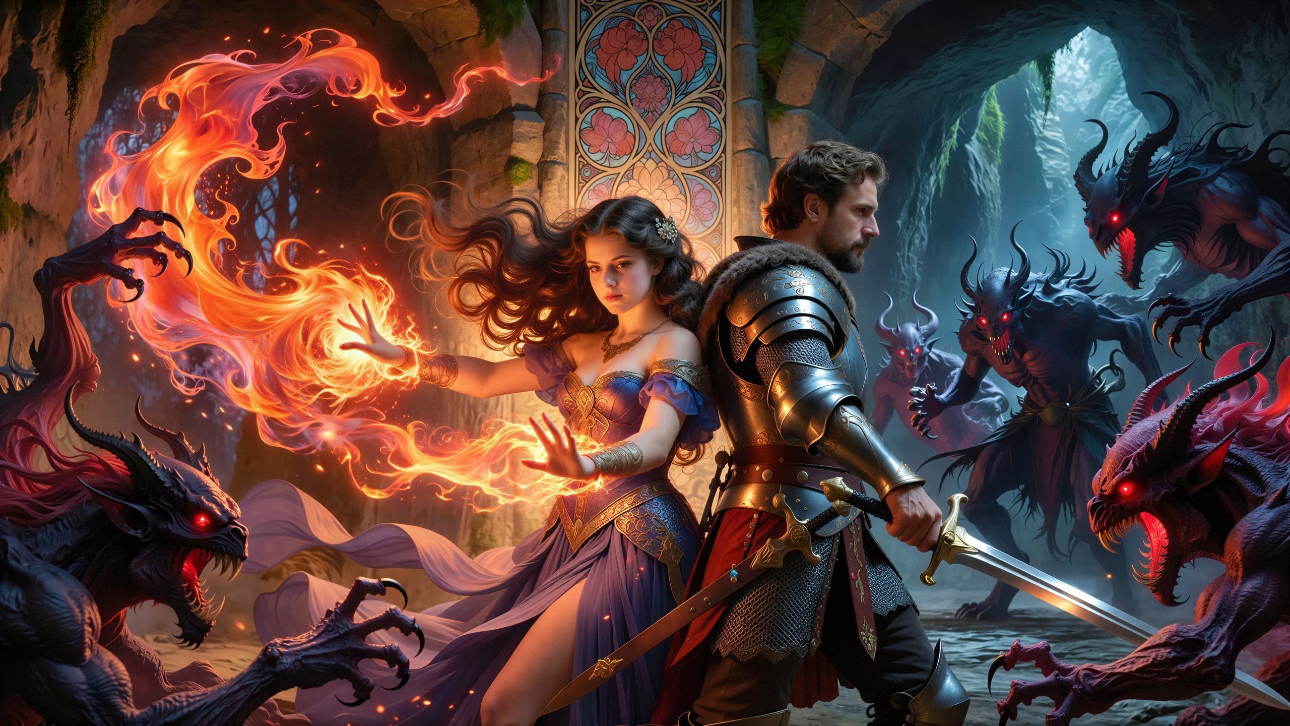 Knight and Sorceress Battle Demonic Creatures in Fantasy Realm