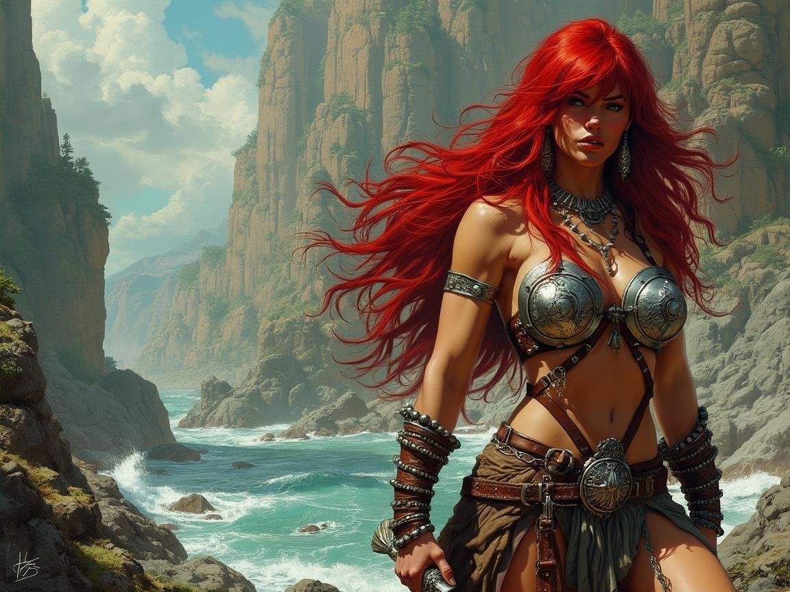Fierce warrior with red hair at rugged coastline