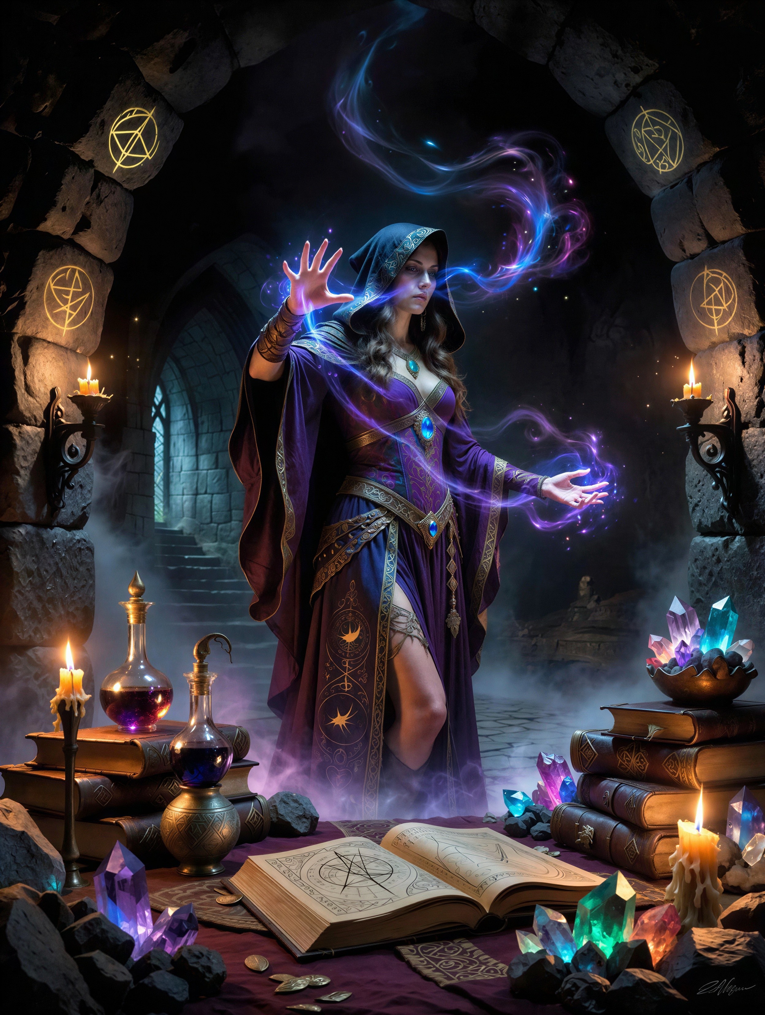 Sorceress Conjuring Magic in Ancient Ruins
