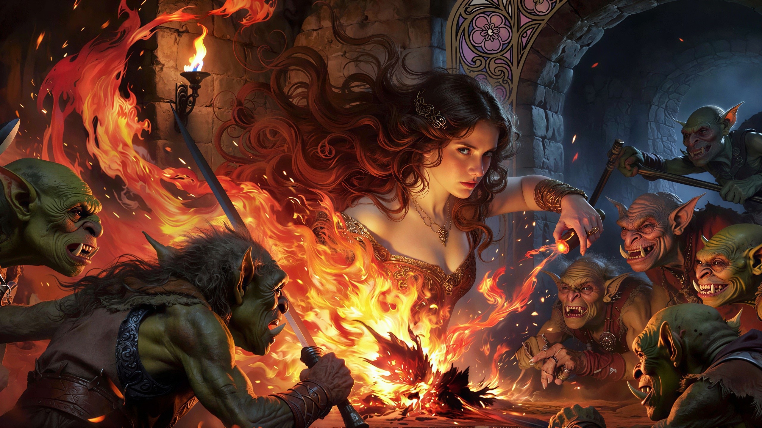 Fantasy Illustration of Sorceress in Dungeon with Goblins