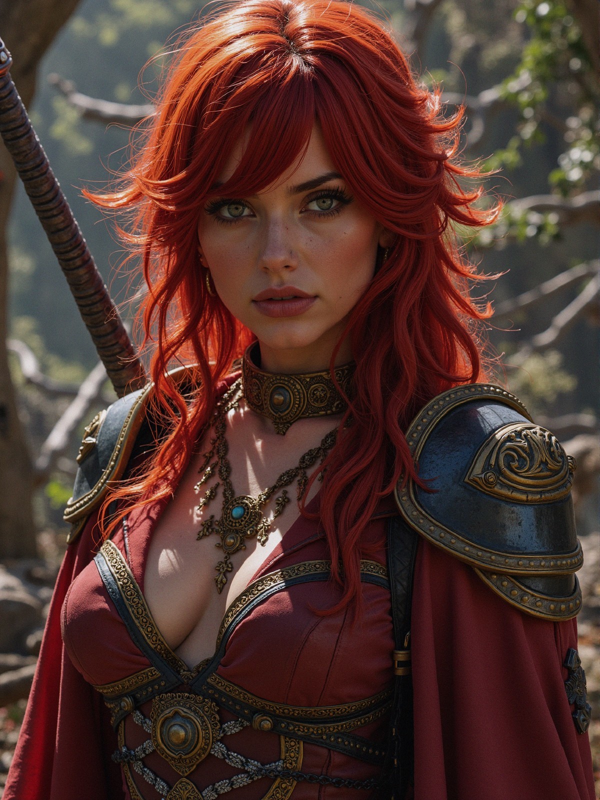 Fierce warrior in burgundy attire with natural elements