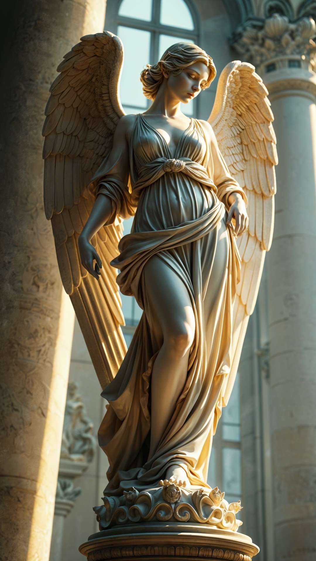 Majestic Angel Statue with Detailed Wings in Stone