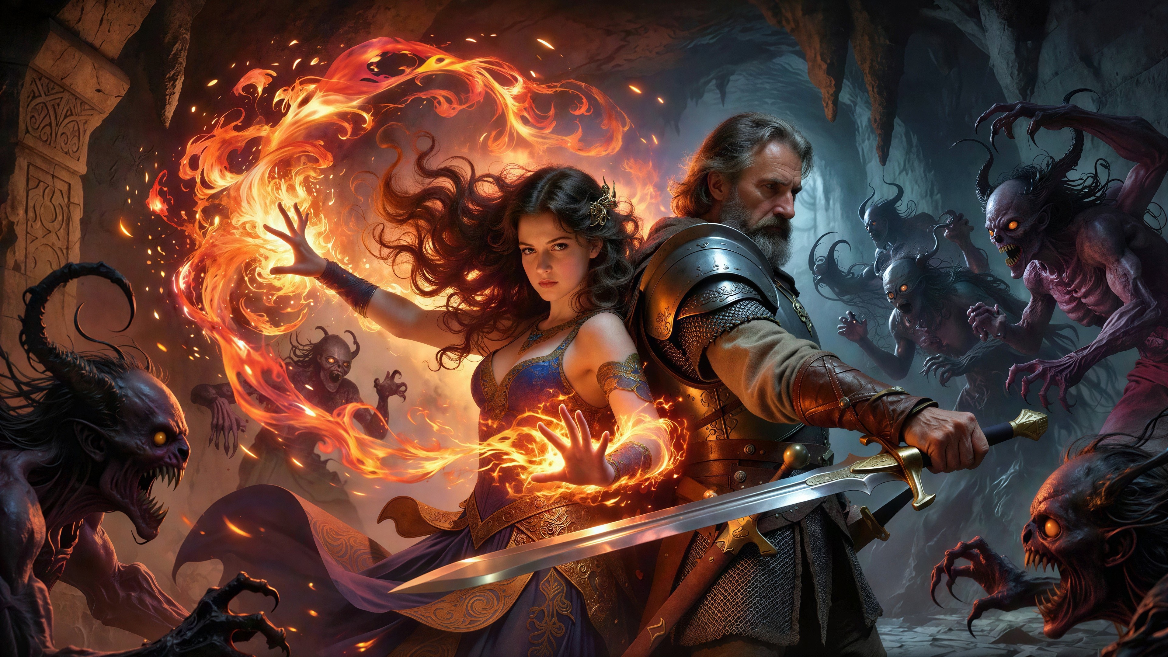 Knight and Sorceress Battle Demons in Cavern Scene