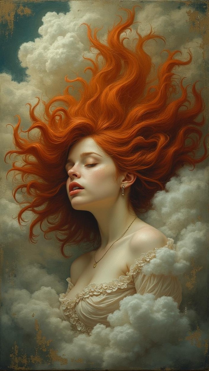 Portrait of a Young Woman with Red Hair in Clouds