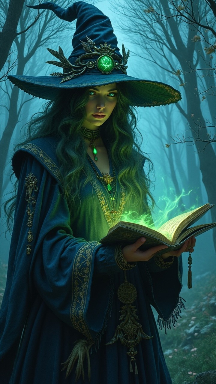 Mystical Sorceress in Foggy Forest with Ancient Book