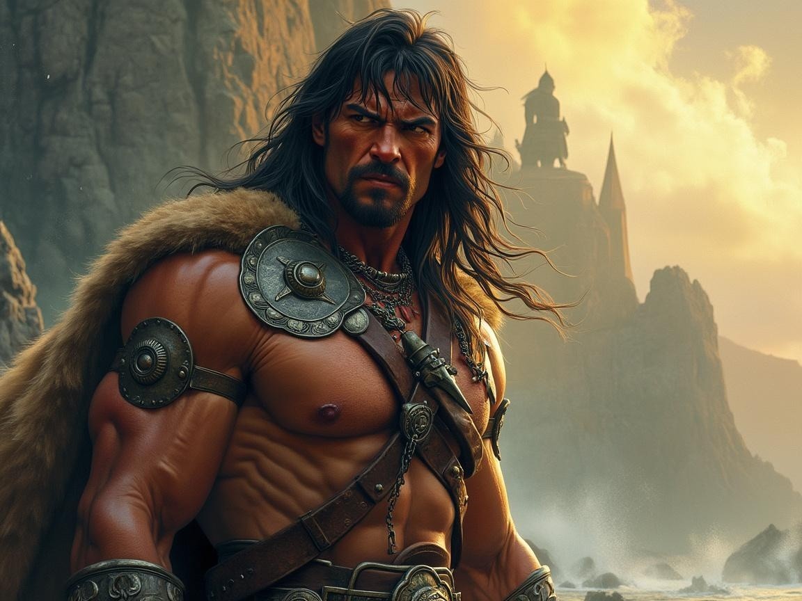 Muscular Warrior Against Sunset with Ancient Tower