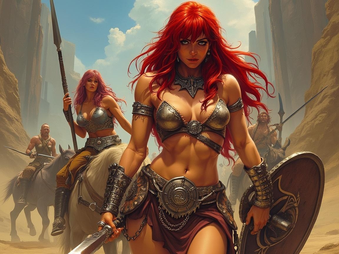 Warrior Woman in Bronze Armor in Desert Landscape