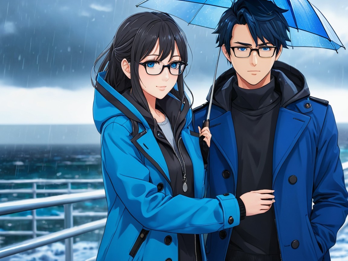 Couple Under Umbrella on Rainy Day by the Sea