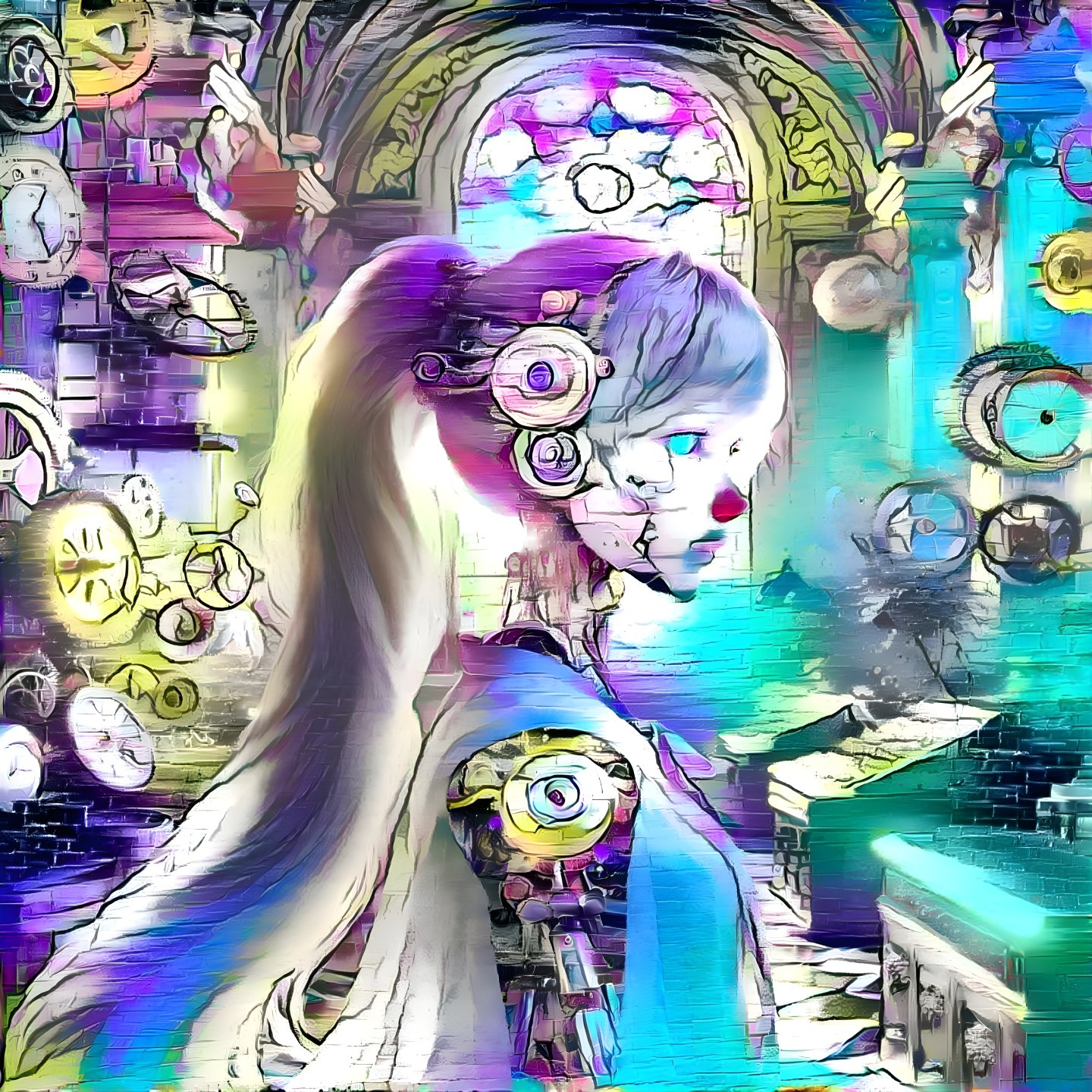 Surreal Robotic Girl in a Colorful Dreamlike Setting