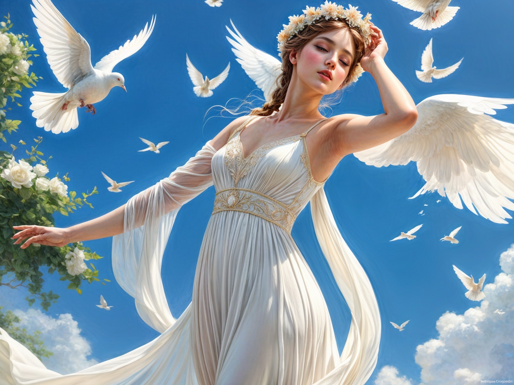 Ethereal Dance in a Flowing White Gown Under Blue Sky