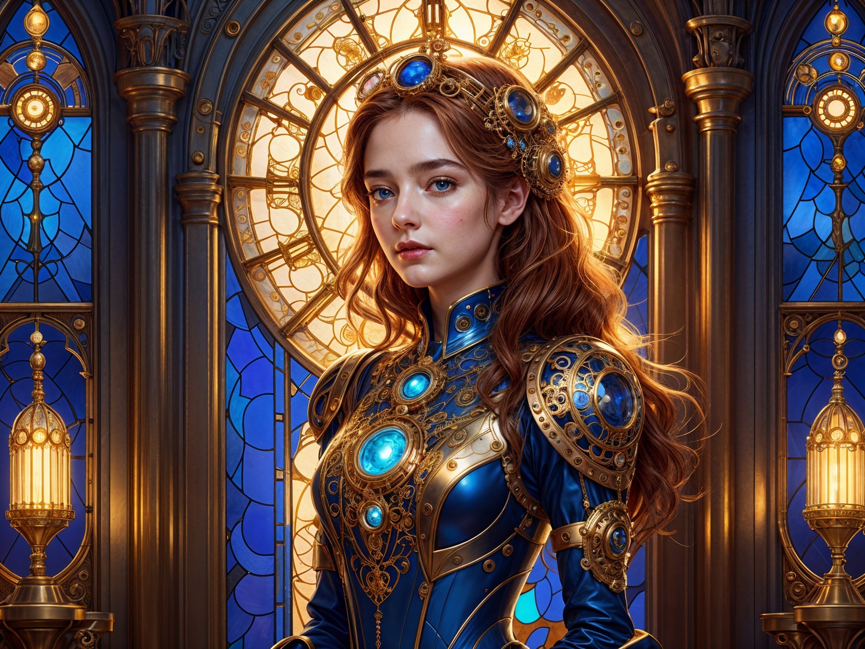 Young Woman in Elegant Blue Dress by Stained Glass