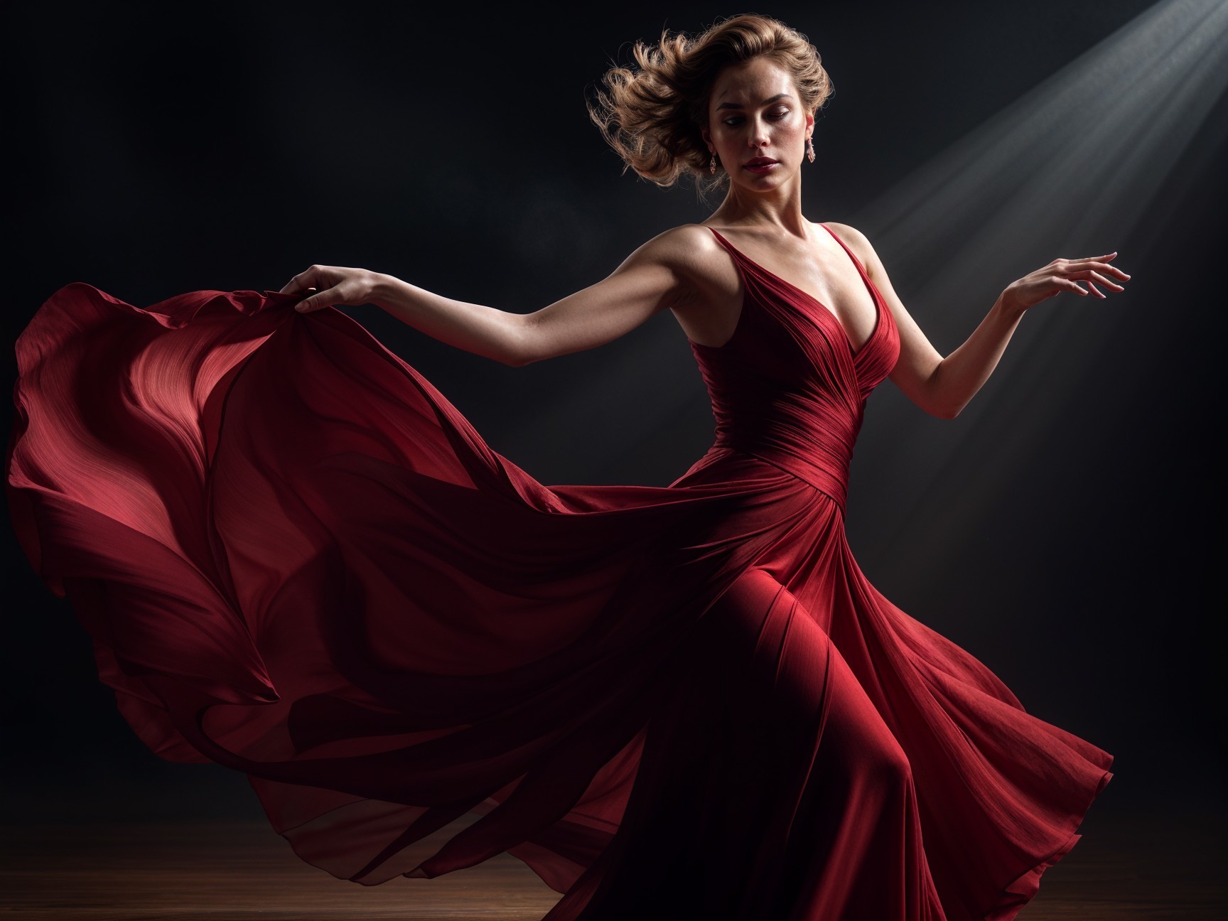 Elegant Woman in Flowing Red Gown Dancing Gracefully