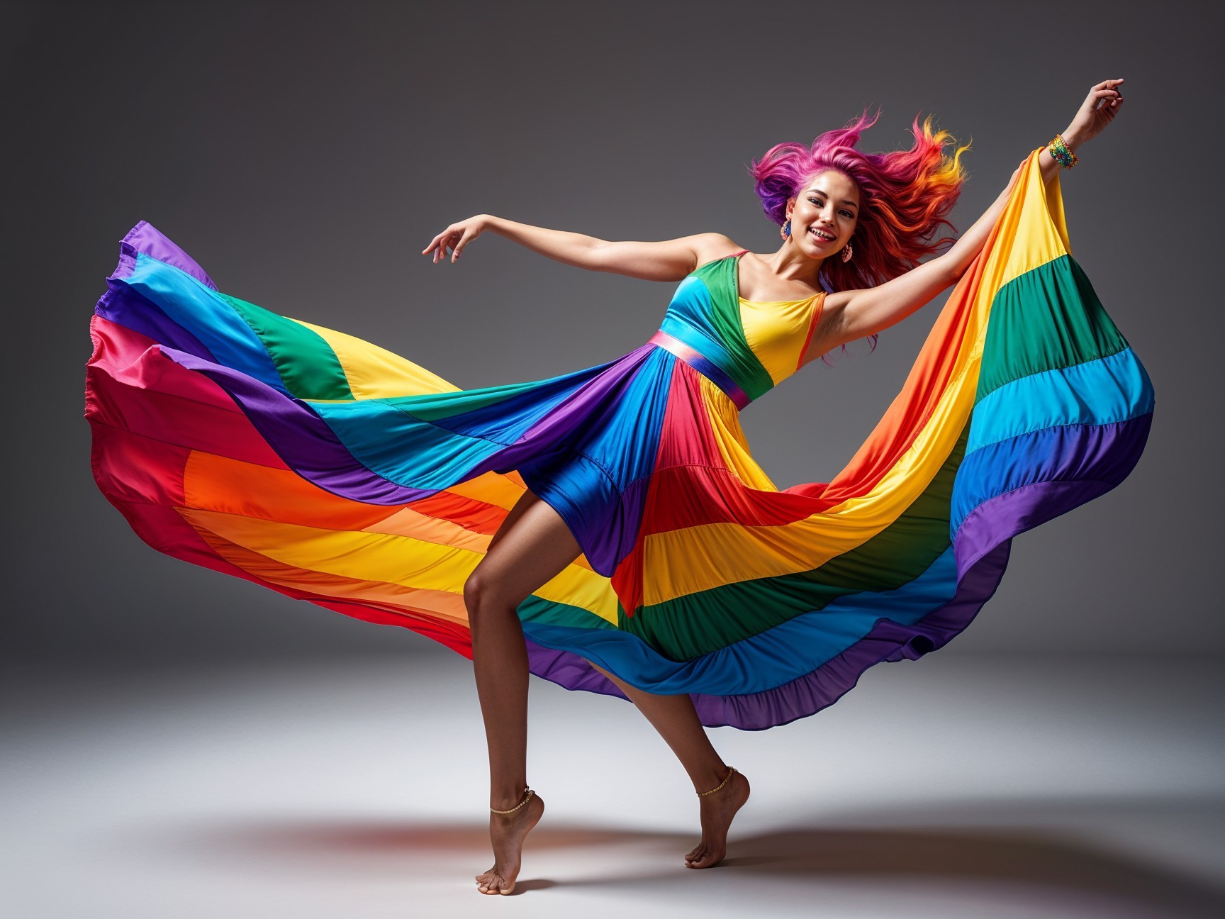 Joyful dancer in rainbow dress with vibrant energy