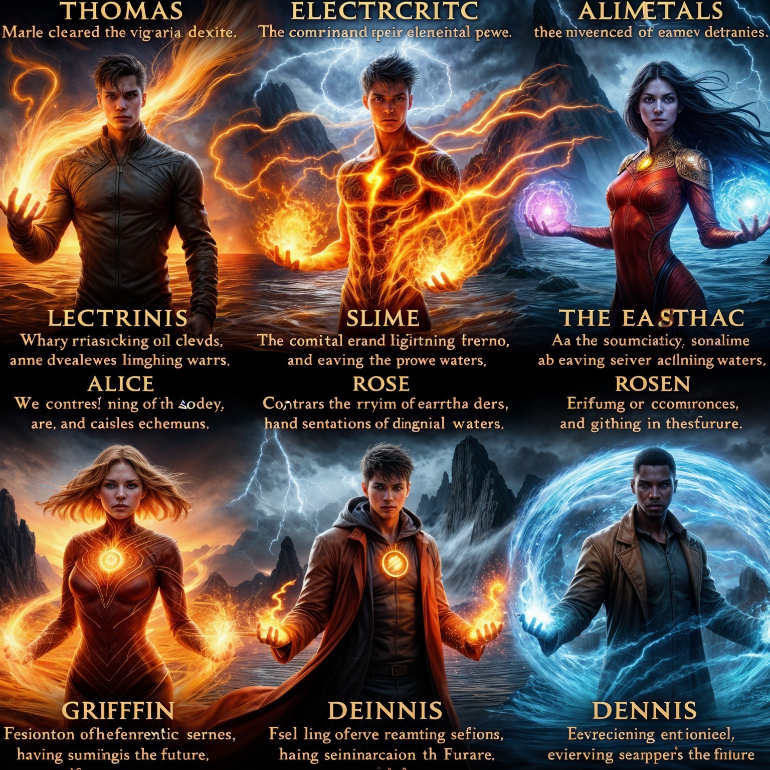 Seven Characters with Unique Powers in a Magical Scene