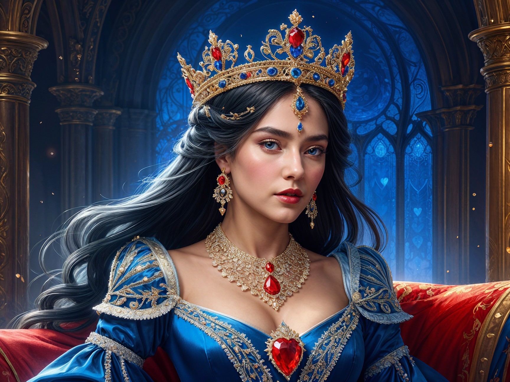 Young Woman in Royal Blue Gown with Gothic Background